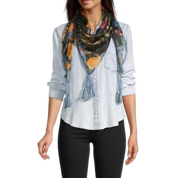 Johnny Was Graceful Scarf Silk Square Large Floral Tassels Black New - Picture 2 of 4